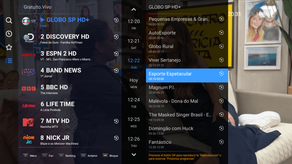 Tela do Guia de Programação Eletrônica (EPG) do HTV 8